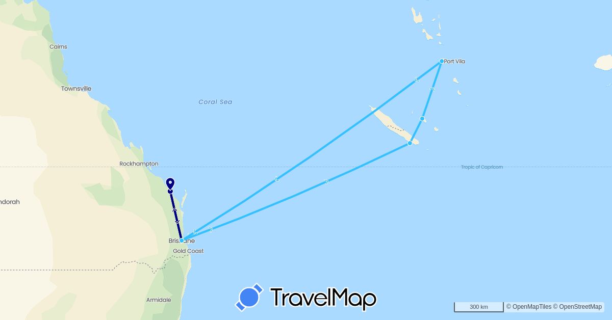 TravelMap itinerary: driving, boat in Australia, France, Vanuatu (Europe, Oceania)